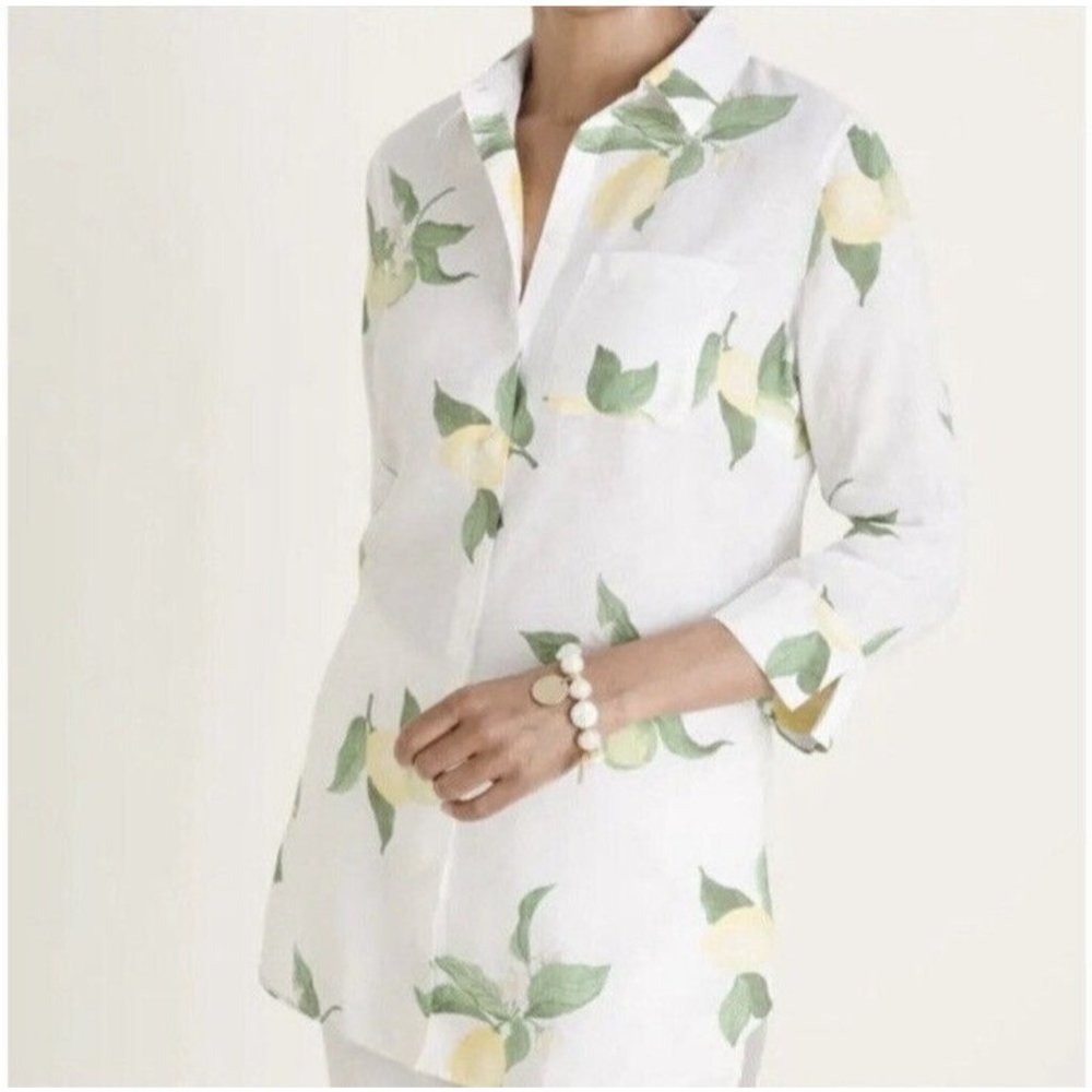 Chico's Lemon Print Linen Tunic top Shirt Sz 2 ~L Lemons Fruit Summer Coastal